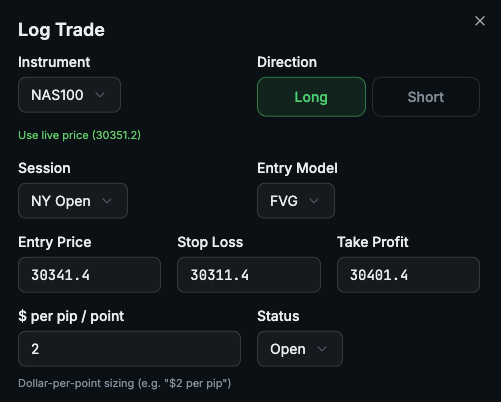 EliAI log trade form
